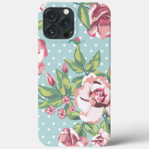 Cute retro polka stippen floreel patroon roos iPhone 13 pro max hoesje