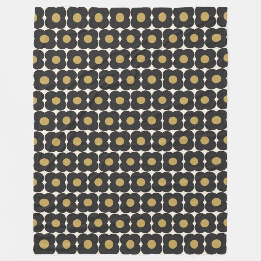 Cute Retro Pop Flower Pattern | Zwart en goud Fleece Deken (Voorkant)
