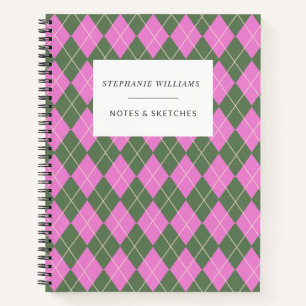 Cute Retro Preppy roze Green Argyle gepersonalisee Notitieboek