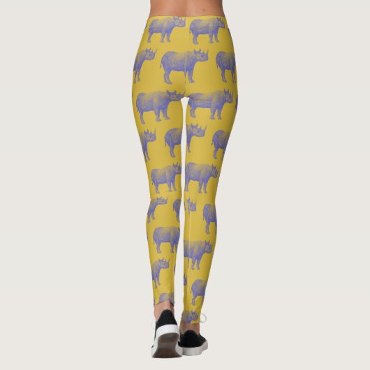 Cute Retro Rhino Rhinoceros Pattern Yellow Paars Leggings (Achterkant)