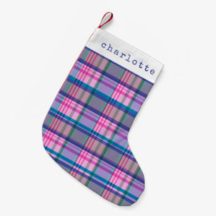 Cute Retro Roze Geruite Patroon Persoonlijke Naam Kleine Kerstsok