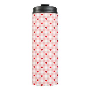 Cute Retro Roze Hart Gingham Schotlandse ruit patr Thermosbeker