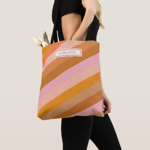 Cute Retro Stripes Pink Rust Persoonlijke naam Draagtas