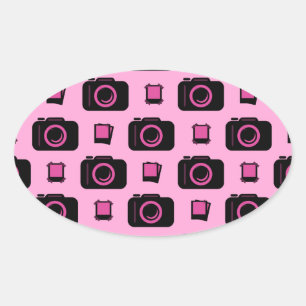 Cute Retro Style Roze Black Camera Patroon Ovale Sticker