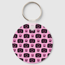 Cute Retro Style Roze Black Camera Patroon Sleutelhanger