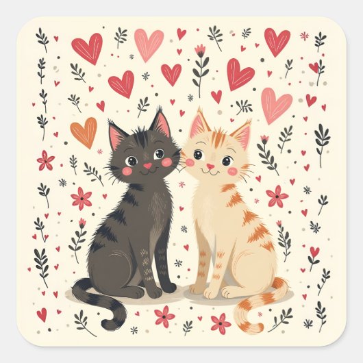 Cute Retro Valentine Cats Vierkante Sticker (Voorkant)