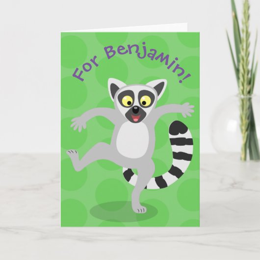 Cute ring tail lemur dansend cartoon illustratie kaart (Voorkant)