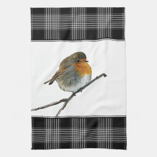 Cute Robin Bird Redborst buffalol plaid border Theedoek