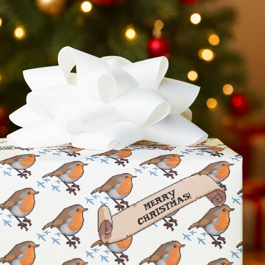 Cute Robin Merry Christmas 80s Retro Bird Pattern Cadeaupapier