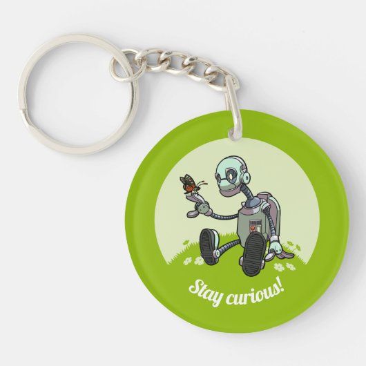 Cute Robot & Butterfly Stay Curious! Cartoon Sleutelhanger (Voorkant)