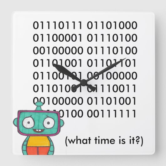 Cute Robot Clock - Binair Vierkante Klok (Voorkant)