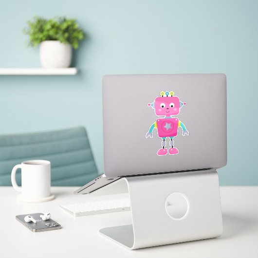 Cute Robot, Funny Robot, Gekke Robot, Robot, Roze Sticker (Laptop op bureau)