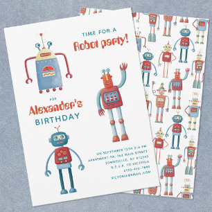 Cute Robot Kids Birthday Party Invitation Kaart