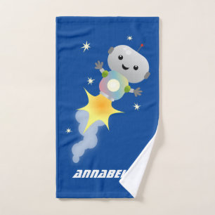 Cute robot vliegend in de cartoon van de ruimte bad handdoek