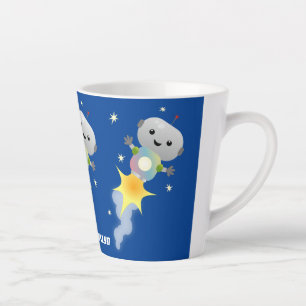 Cute robot vliegend in de cartoon van de ruimte latte mok