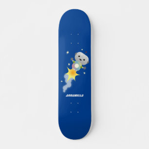 Cute robot vliegend in de cartoon van de ruimte skateboard