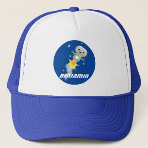 Cute robot vliegend in de cartoon van de ruimte trucker pet
