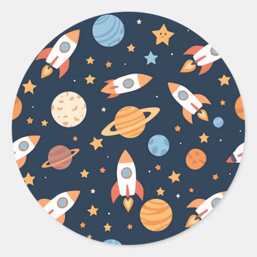 Cute Rockets Planets Space Pattern Ronde Sticker (Voorkant)