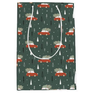 Cute Rode Auto Kerstboom Winter Patroon Medium Cadeauzakje