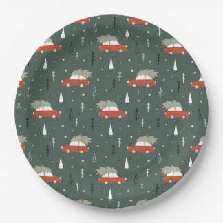 Cute Rode Auto Kerstboom Winter Patroon Papieren Bordje