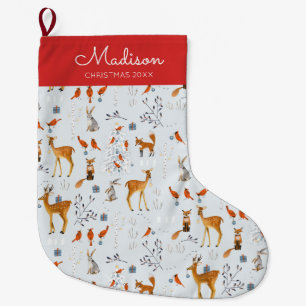 Cute rode en blauwe bosdierenpatroon grote kerstsok