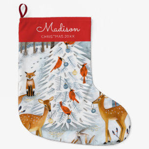 Cute rode en blauwe bosdierenpatroon grote kerstsok
