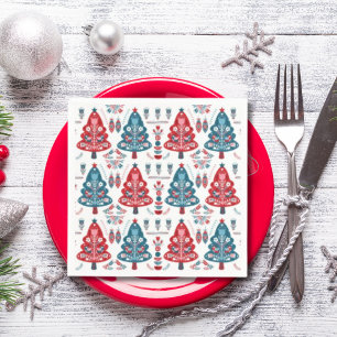 Cute rode en blauwe kerstboom Scandinavisch patroo Servet