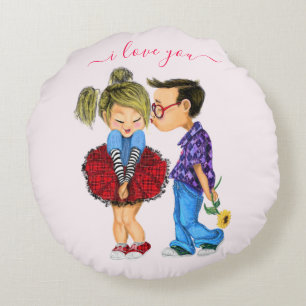 Cute Romantic Couple - Love - I love you - Kiss Rond Kussen