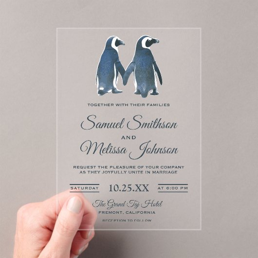 Cute Romantic Couple Penguin Wedding Invitation Acryl Uitnodigingen (Insitu (Draagbaar))