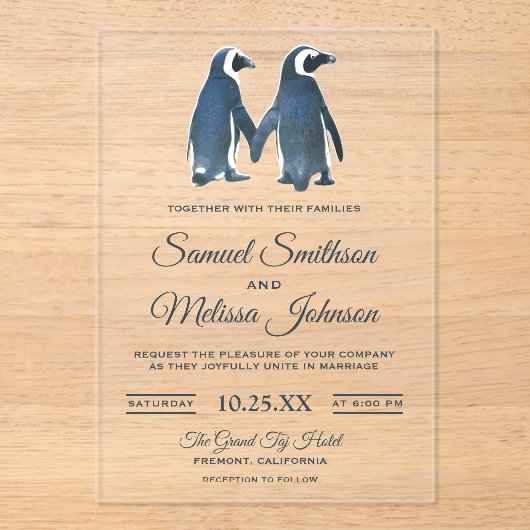 Cute Romantic Couple Penguin Wedding Invitation Acryl Uitnodigingen (Voorkant)