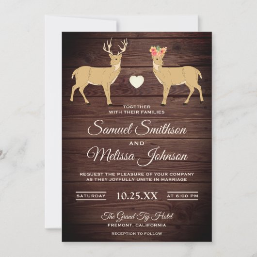 Cute Romantic Deers Faire-part de mariage rustique (Devant)