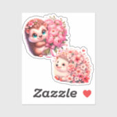Cute Romantic Floral Hedgehog Duo Illustration Sticker (Vel)
