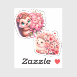  Cute Romantic Floral Hedgehog Duo Illustration Sticker