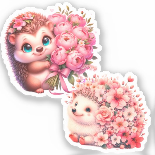 Cute Romantic Floral Hedgehog Duo Illustration Sticker (Voorkant)
