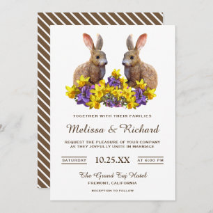 Cute Romantic Spring Floral Rabbits Wedding Invite Kaart
