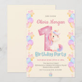 Cute Romantic Unicorn 1er anniversaire Invitation (Devant / Derrière)