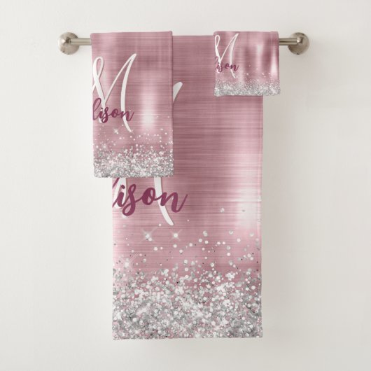 Cute roos blush Silver Faux monogram Bad Handdoek (Insitu)