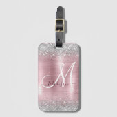 Cute roos blush Silver Faux monogram Bagagelabel (Voorkant (verticaal))