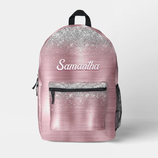 Cute roos blush Silver Faux monogram Bedrukte Rugzak (Voorkant)