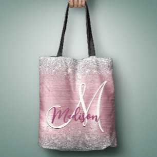 Cute roos blush Silver Faux monogram Draagtas