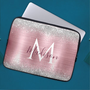 Cute roos blush Silver Faux monogram Laptop Sleeve