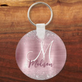 Cute roos blush Silver Faux monogram Sleutelhanger (Voorkant)