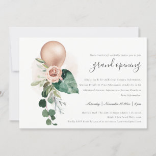Cute Roos Gold Balloon Floral Grand Opening Invite Bedankkaart