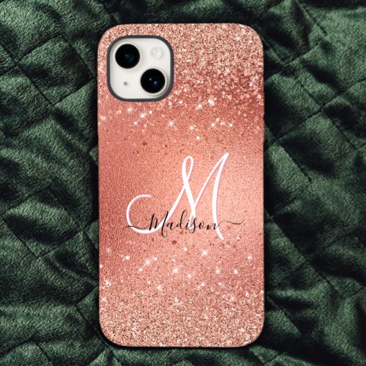 Cute roos gold faux glitter monogram Case-Mate iPhone case