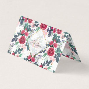Cute Roos Pink Peonies Waterverf Paint Gold Stippe Visitekaartjes
