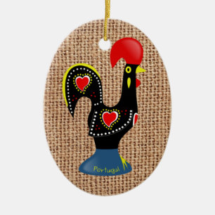 Cute Rooster Barcelos Portugal Burlap background Keramisch Ornament
