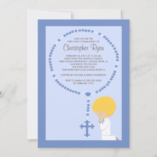 Cute Rosary First Communion Invitation Boy Blue (Devant)