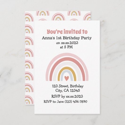 Cute Rose Arc-en-ciel Boho Chic Invitation d'anniv (Devant / Derrière)