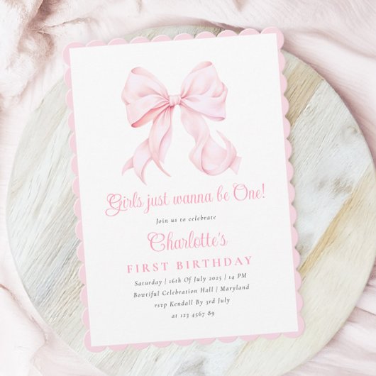 Cute Rose Bow Girl First Birthday Invitation
