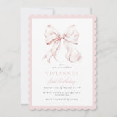 Cute Rose Bow Girl First Birthday Invitation (Devant)
